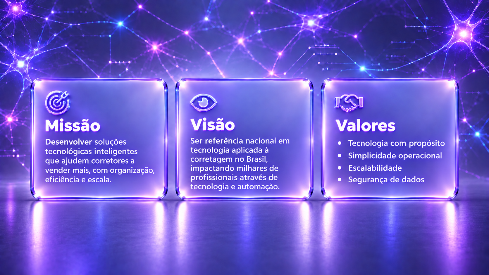 Três cartões de vidro iluminados em roxo, com os pilares da Meiuka